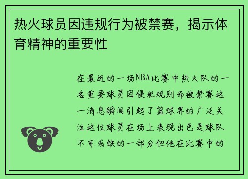 热火球员因违规行为被禁赛，揭示体育精神的重要性