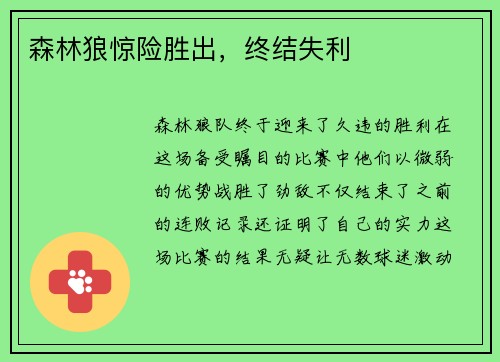 森林狼惊险胜出，终结失利