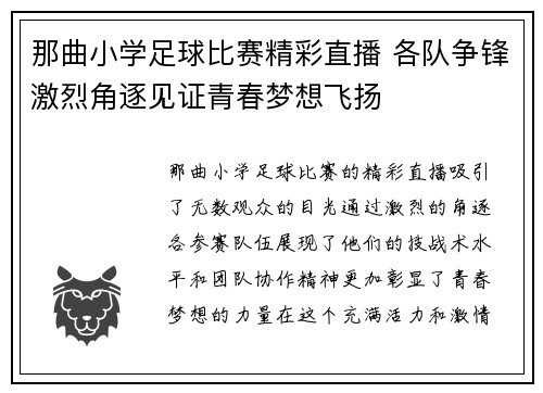 那曲小学足球比赛精彩直播 各队争锋激烈角逐见证青春梦想飞扬